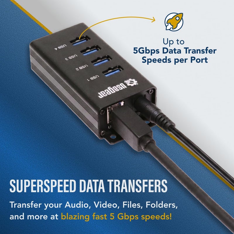 USBGear 4 Port USB Hub 3.2 Gen 1 â€“ Mountable SuperSpeed Data Hub with USB Ports for Laptop, PC, Desktop, and More, 5V/2A Power Adapter with Type-A to Type-B Cable (3ft), Computer Accessories - Image 5